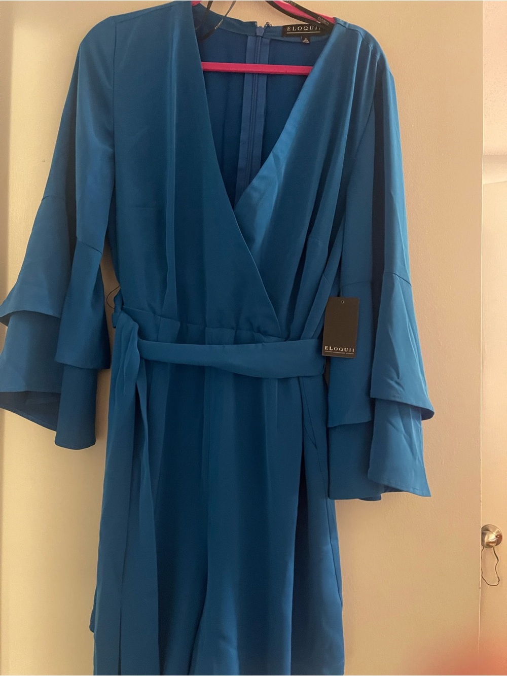 Eloquii Teal Blue Wrap romper with Layered Bell Sleeves